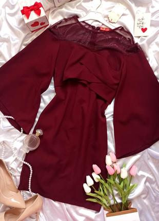 Красивое платье бордорового цвета с сеткой и широкими/ объемными рукавами / по фигуре / мини3 фото