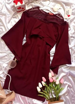 Красива сукня бордорого кольору з сіткою та з широкими/ об'ємними рукавами / по фігурі / міні2 фото