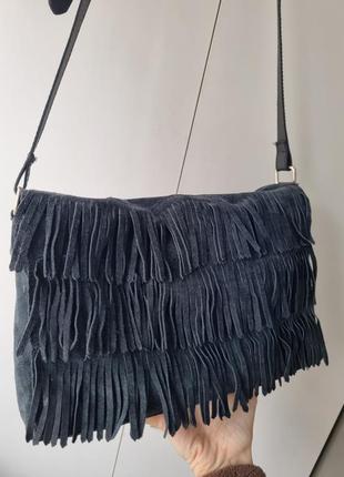 Шкіряна сумка кросбоді, сумка з бахрамою замша, сумка через плече