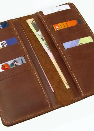 Тонкий чоловічий шкіряний гаманець купюрник-ленгер із натуральної шкіри світло-коричневий1 фото