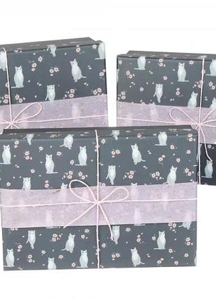 Подарочные коробочки "котики" серые, разм.l: 29х21х9 см (комплект 3 шт)