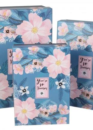 Подарункові коробки сині у квіточку, розм.l: 24.5*16.5*9 см (комплект 3 шт)