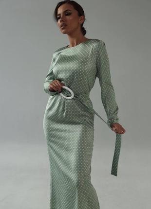 Платье комбинация шелк с поясом в горошек миди приталенное мята оливка бирюза черное1 фото