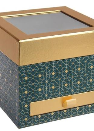 Подарочная коробка с прозрачной крышкой и ящичком, размер 19х19х16,5 см зеленая