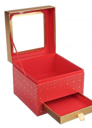 Подарочная коробка с прозрачной крышкой и ящичком, размер 19х19х16,5 см красная2 фото