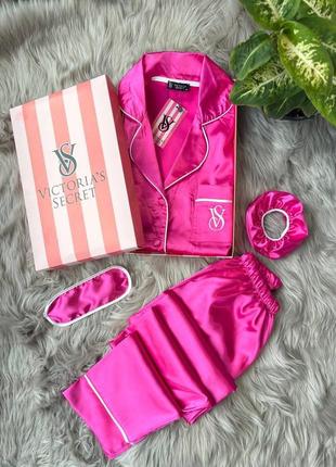 Пижама в стиле victoria's secret малина розовая рубашка брюки классика сатин шелк шелк сикрет2 фото