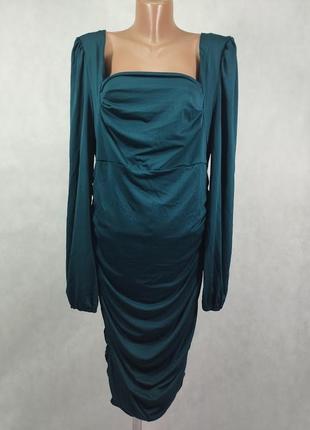 Изумрудное платье с рукавами сзади жатка зеленое5 фото