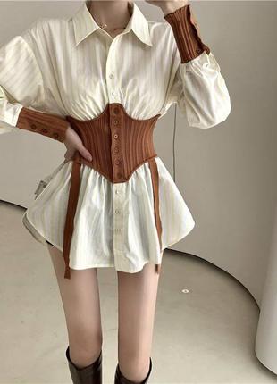 Модная удлиненная рубашка с корсетом и манжетами в полоску😻1 фото
