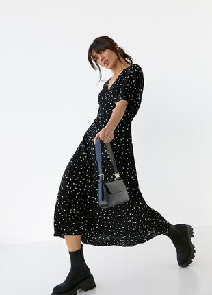 Чорна довга сукня плаття міді з короткими розкльошеними рукавами в горошок5 фото