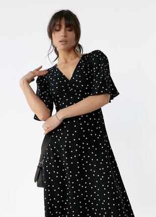 Чорна довга сукня плаття міді з короткими розкльошеними рукавами в горошок4 фото
