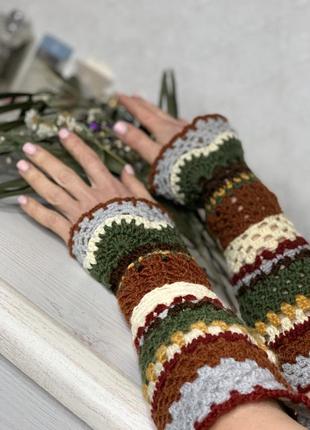 Мітенки в’язані високі бохо стиль перчатки митенки вязані