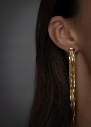 Золоті сережки висячі з срібла s925, позолочене срібло, святкові сережки, золоті сережки під сукню, сережки довгі, сержки ланцюг