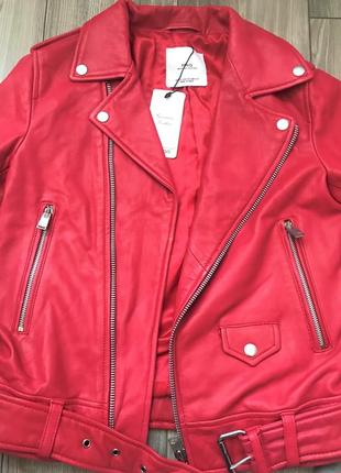 Кожаная куртка mango р. s, оригинал косуха с лацканами,курточка красная кожа9 фото