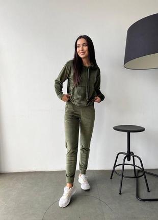 Женский велюровый спортивный костюм s-5xl  (42-44 46-48 50-52 54-56) худи с капюшоном штаны хаки