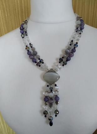 Колье из кошачьего глаза, аметиста, гематита, кварца, хрусталя
