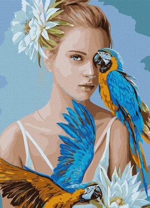 Картина по номерам. ідейка "дівчина з блакитними папугами" 40х50 см kho4802