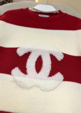 Кофта свитер в стиле chanel туника в полоску удлиненная молоко красная2 фото