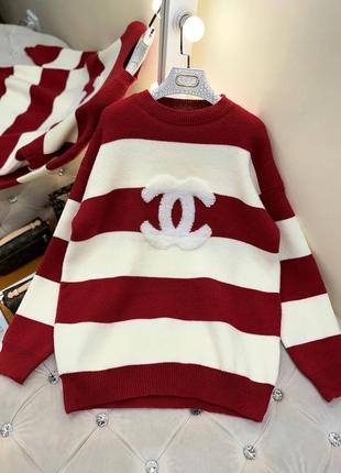 Кофта свитер в стиле chanel туника в полоску удлиненная молоко красная