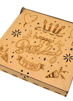 Коробка з 4 осередками 21х21х3см подарункова упаковка із мдф крафтова дерев'яна коробочка для подарунка happy birthday2 фото