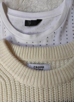 Белый свитер кроп оверсайз широкий обьемная кофта пуловер в полоску широкими рукавами cropp town8 фото