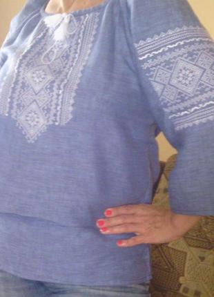 Вишиванка жіноча машинна вишивка блакитний льон2 фото