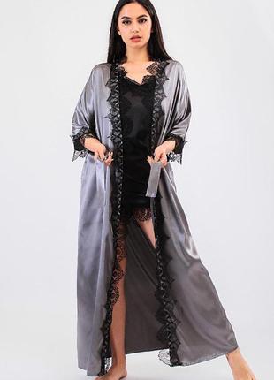 Шелковый домашний комплект халат длинный+пеньюар атлас шелк,красивая домашняя одежда10 фото
