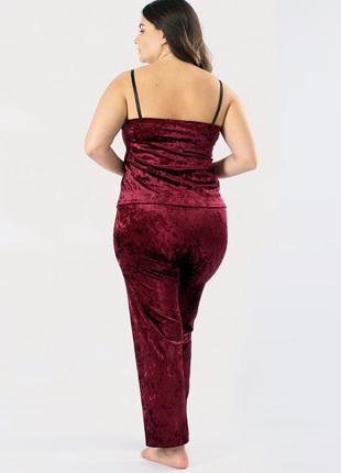 Комплект домашний брюки и майка велюр энжи однотонный бордовый супер батал3 фото