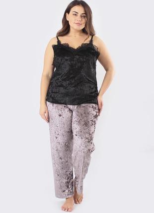 Супер батал! брюки и майка велюр энжи однотонный черный-фуксия цвет