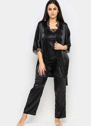 Вишуканий домашній комплект трійка брючки+майка+халат шовк трійка