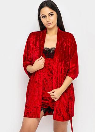 Домашний комплект шортики+майка+халат велюр париж тройка