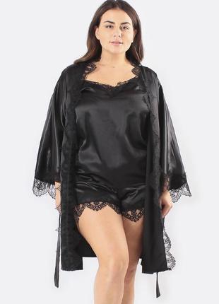 Шовковий домашній комплект шортики+майка+халат шовк