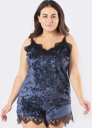 Большие размеры! женская велюровая пижама рози однотонная синяя