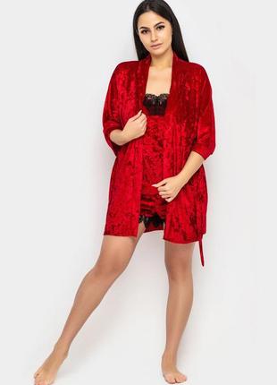 Домашний велюровый халат женский красный