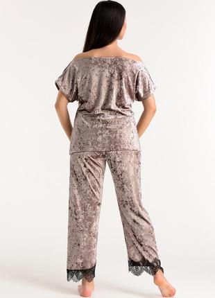 Велюровая женская пижама брюки и футболка9 фото
