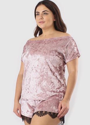 Велюровый женский комплект (футболка + шорты) розовый3 фото