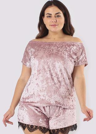 Велюровый женский комплект (футболка + шорты) розовый2 фото