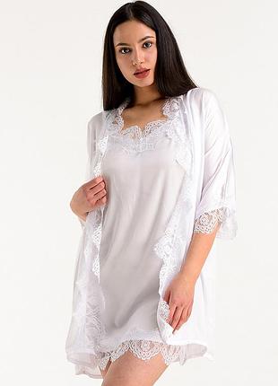 Шелковый комплект для дома халат с кружевом и пеньюар большие размеры (бирюзовый/черный)