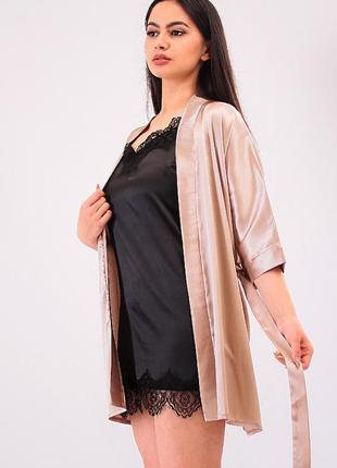 Нежный домашний комплект халат с кружевом+пеньюар атлас шелк,красивая домашняя одежда4 фото