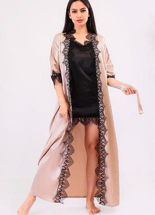 Нежный домашний комплект халат длинный с кружевом+пеньюар атлас шелк,красивая домашняя одежда8 фото