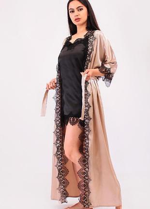 Шелковый домашний комплект халат длинный+пеньюар атлас шелк,красивая домашняя одежда3 фото