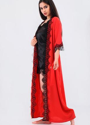 Атласный домашний комплект халат длинный+пеньюар атлас шелк,красивая домашняя одежда1 фото