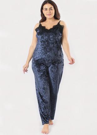 Супер батал! брюки и майка велюр энжи однотонный синего цвета