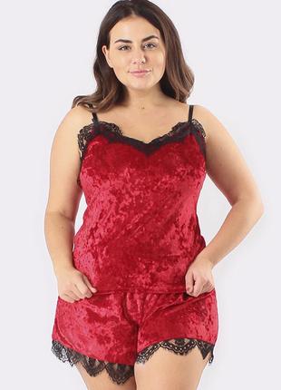 Большие размеры! велюровая пижама рози однотонная красная2 фото