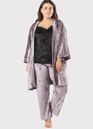 Домашний комплект велюровый большие размеры(халат+майка+штаны) фуксия/черный/фуксия