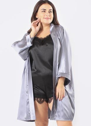 Большие размеры! домашний комплект шелк синди тройка серый халат и черный комплект (шортики+майка+халат)