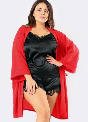 Шовковий домашній комплект шортики+майка+халат