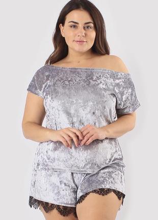 Великі розміри! сірий велюровий жіночий комплект (футболка + шорти)