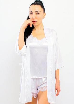 Домашній комплект шортики+майка+халат (білий халат/білий комплект)