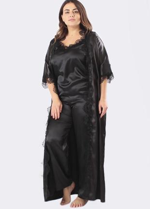 Шелковый домашний комплект брюки+майка+халат шелк афина тройка черный/черный2 фото