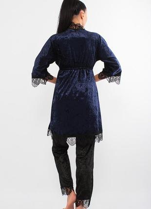 Женский велюровый комплект тройка брюки, майка и халат (17111-113) синий/черный3 фото